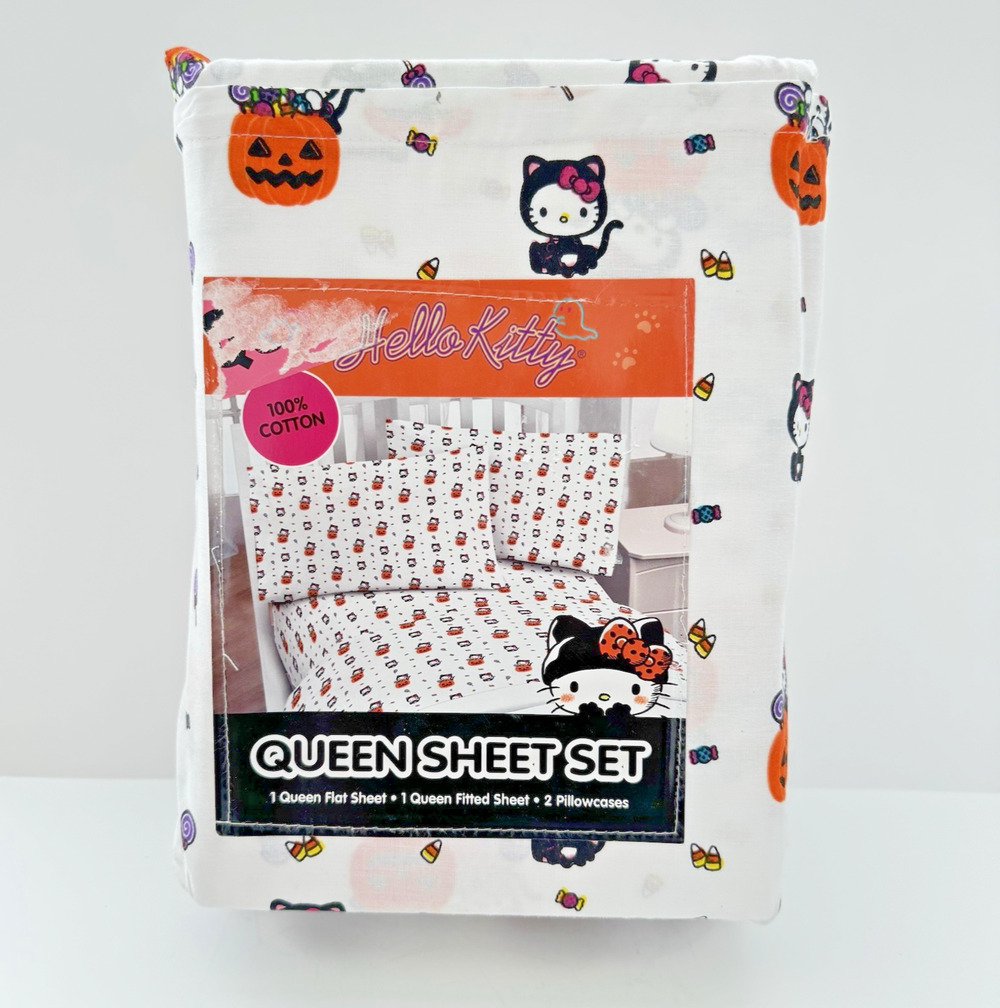 NWT Sanrio HELLO KITTY Queen Sheet Set HALLOWEEN Pumpkin Black Cat 4-PC Cotton